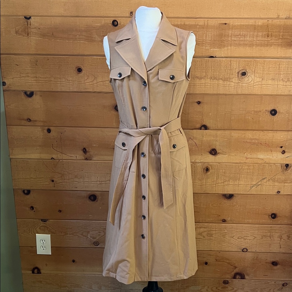 Calvin Klein Tan Sleeveless Button-Front Shirt Dress